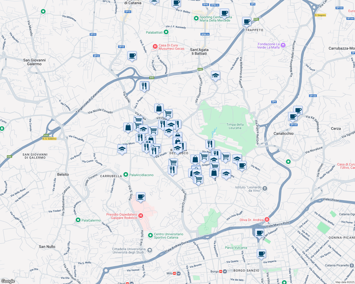 map of restaurants, bars, coffee shops, grocery stores, and more near 320 Via del Bosco in Catania