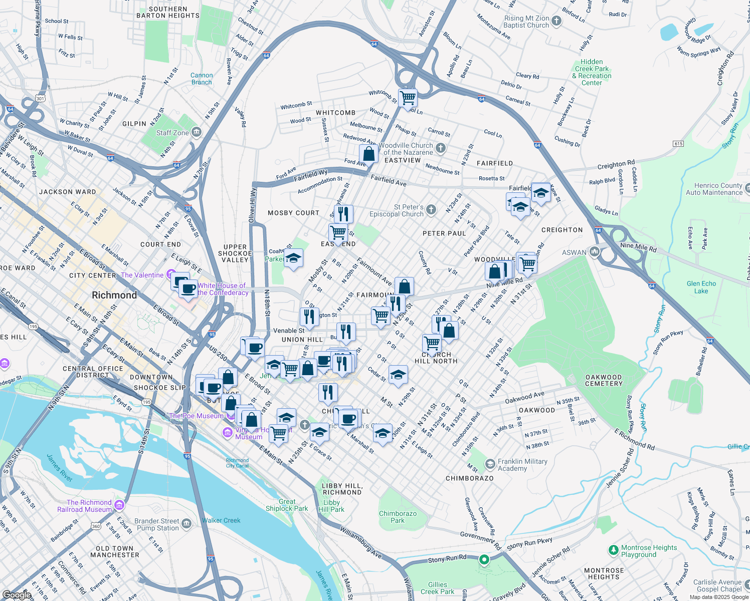 map of restaurants, bars, coffee shops, grocery stores, and more near 1112 North 23rd Street in Richmond