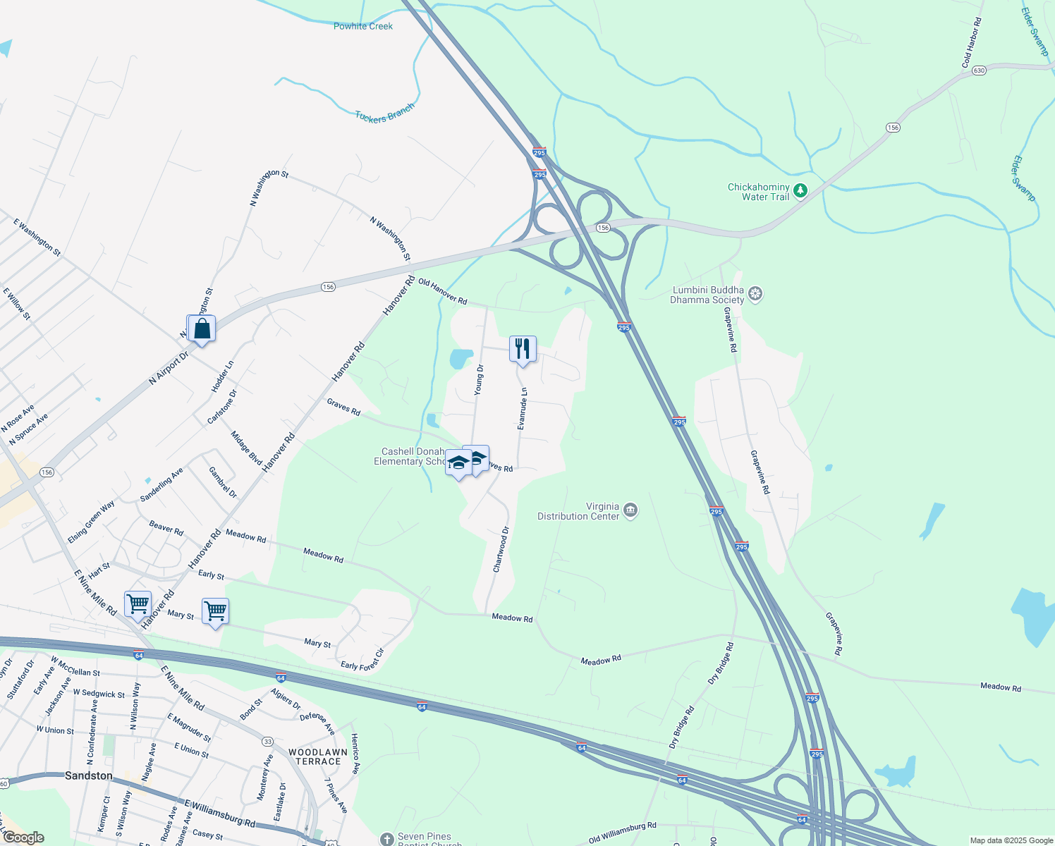 map of restaurants, bars, coffee shops, grocery stores, and more near 429 Evanrude Ln in Sandston