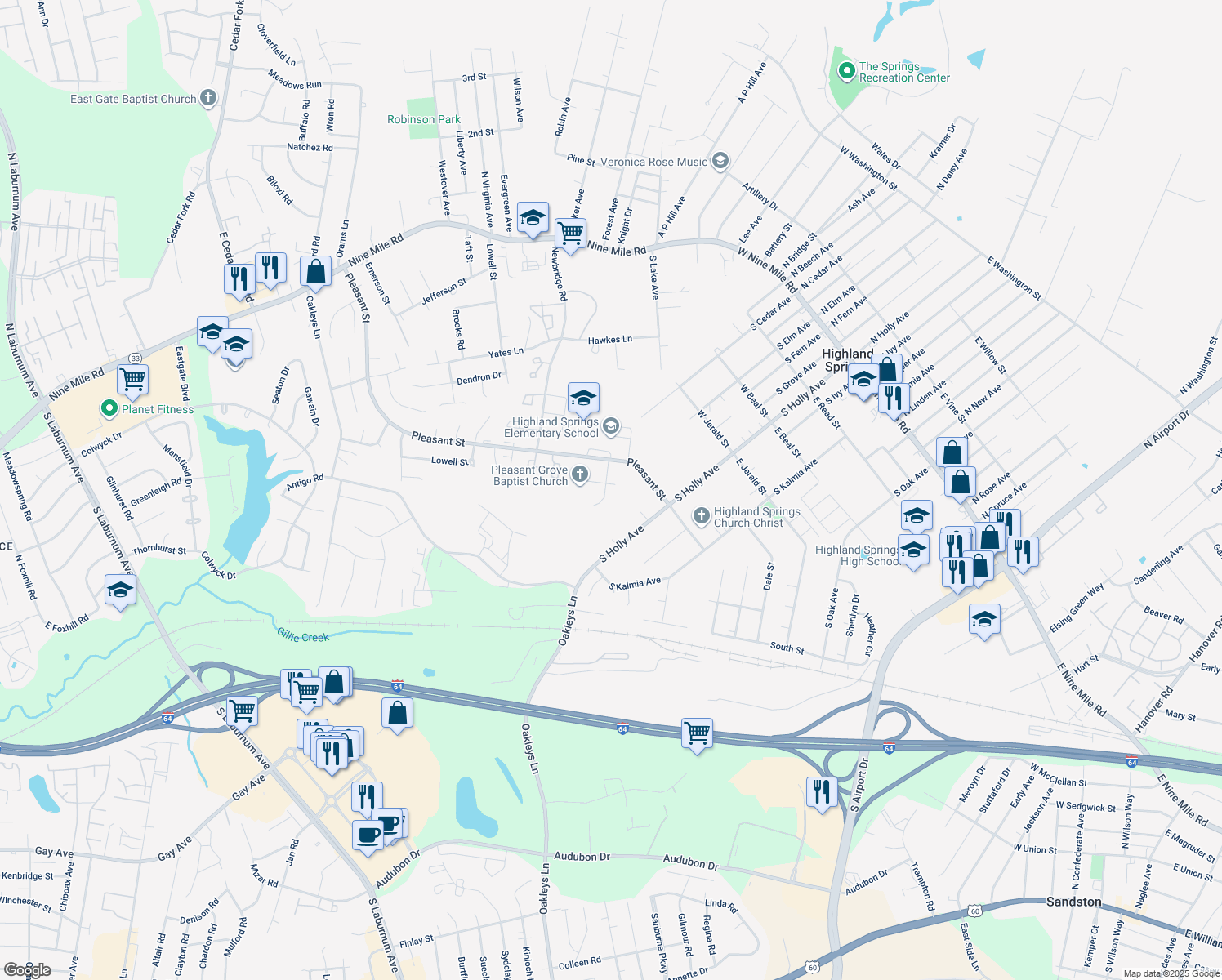 map of restaurants, bars, coffee shops, grocery stores, and more near 403 Tina Drive in Highland Springs
