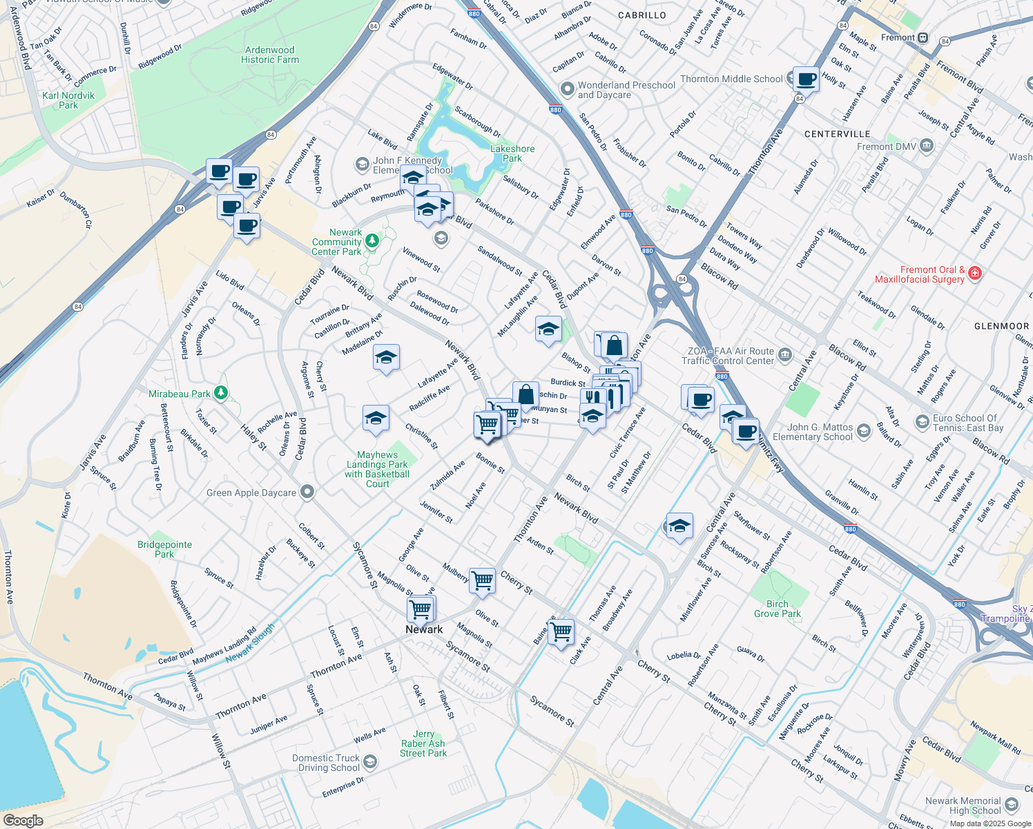 map of restaurants, bars, coffee shops, grocery stores, and more near 36630 Hafner Street in Newark