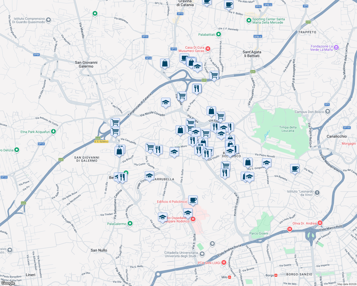 map of restaurants, bars, coffee shops, grocery stores, and more near 11 Via Vitaliano Brancati in Gravina di Catania