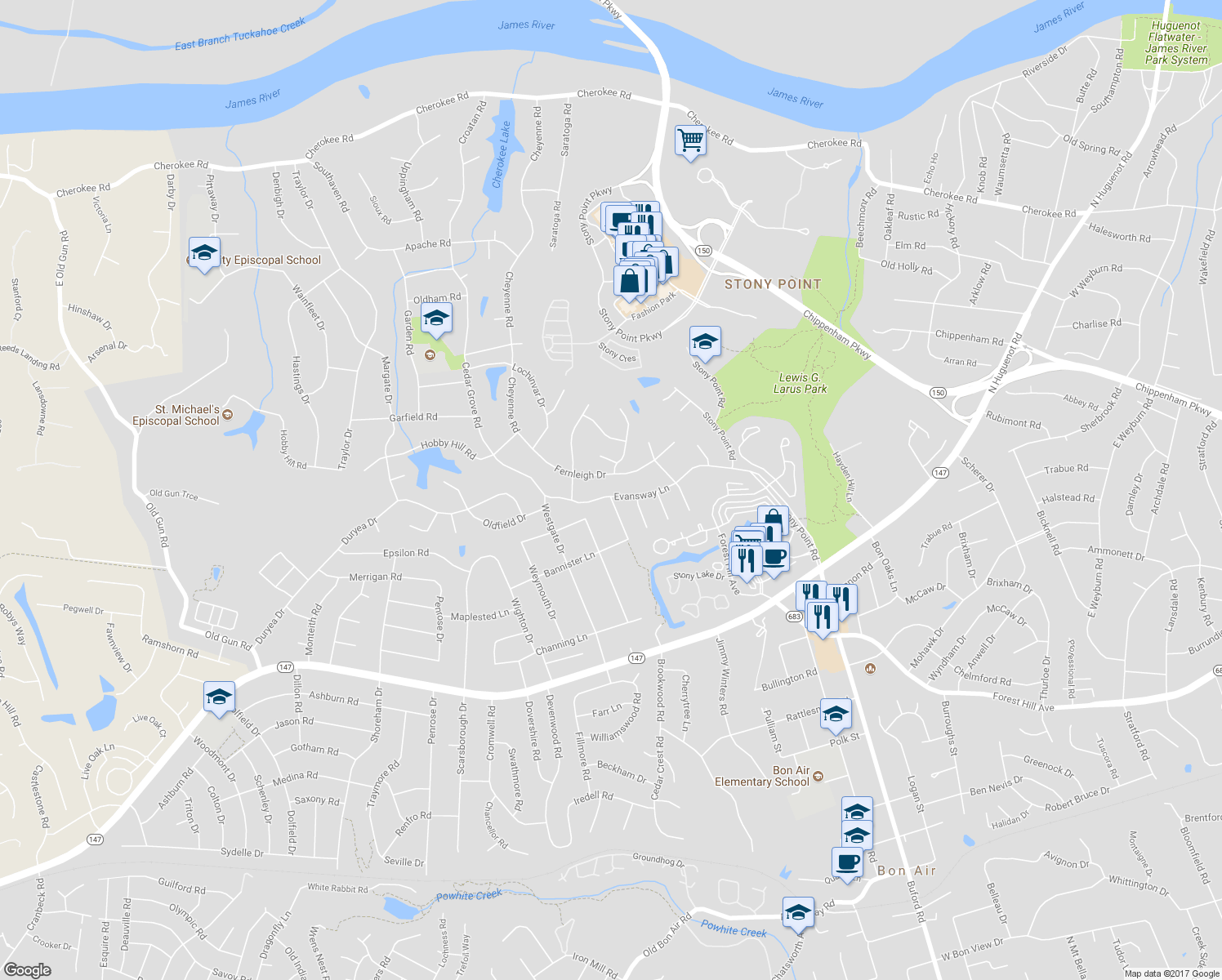 map of restaurants, bars, coffee shops, grocery stores, and more near 9600 Evansway Lane in Richmond