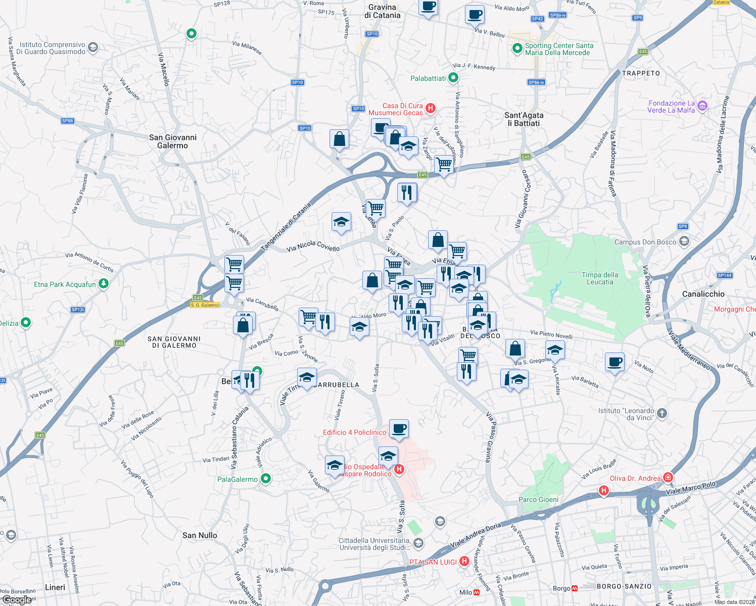 map of restaurants, bars, coffee shops, grocery stores, and more near 11 Via Vitaliano Brancati in Gravina di Catania