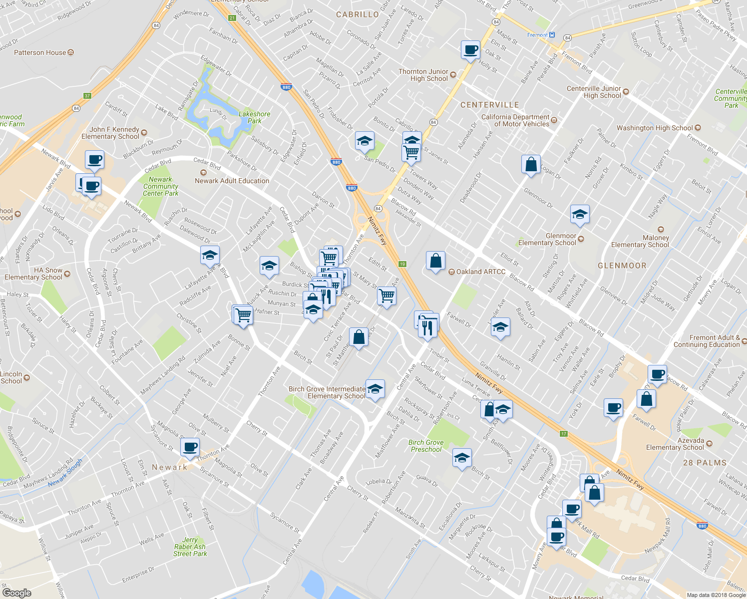 map of restaurants, bars, coffee shops, grocery stores, and more near 5447 Saint Mark Avenue in Newark