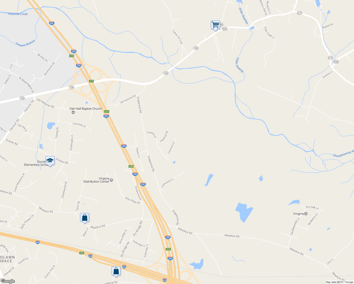 map of restaurants, bars, coffee shops, grocery stores, and more near 1219 Cremona Court in Sandston