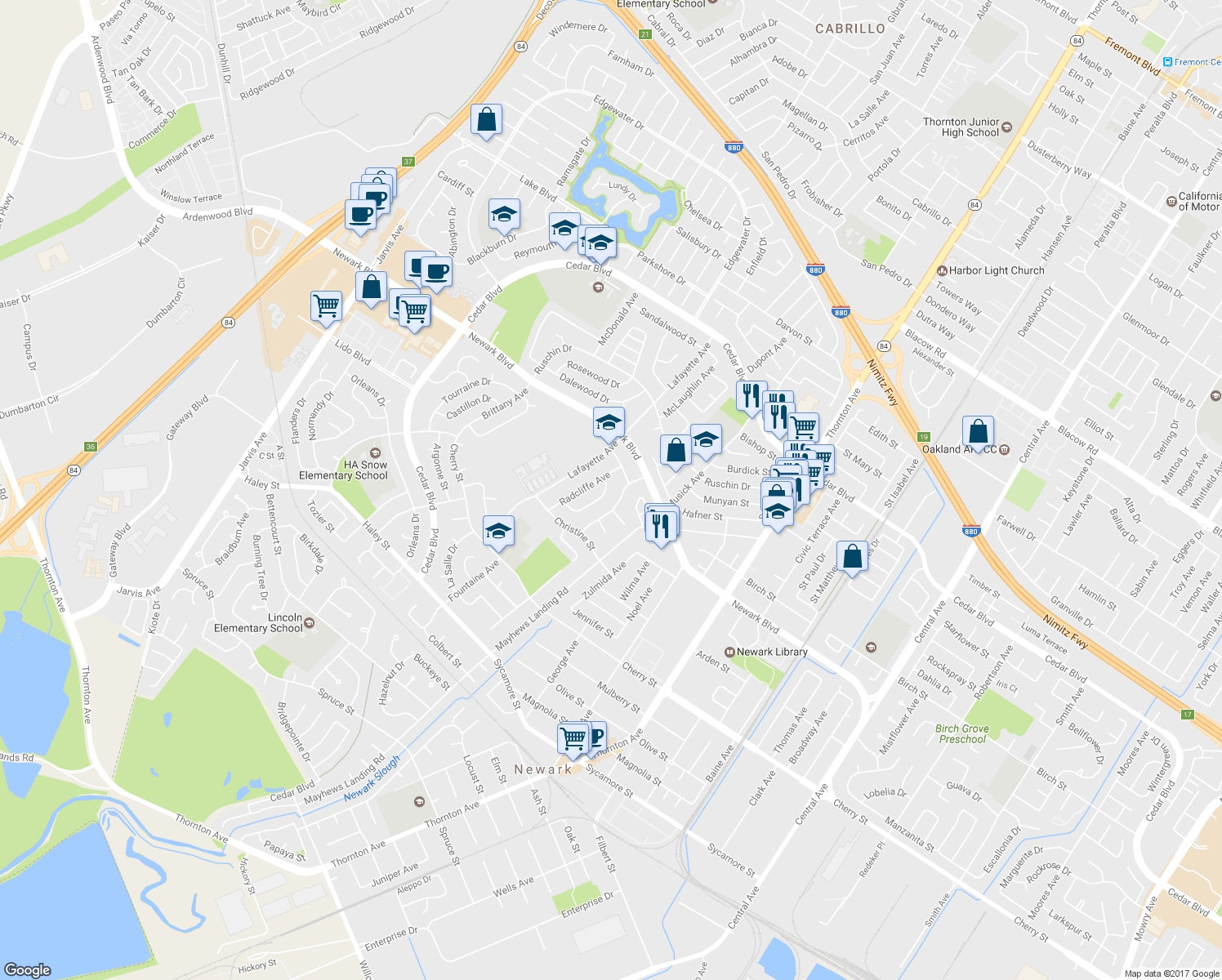 map of restaurants, bars, coffee shops, grocery stores, and more near 6078 Bennington Drive in Newark