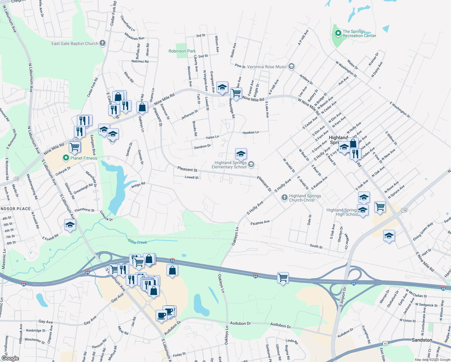 map of restaurants, bars, coffee shops, grocery stores, and more near 777 Pleasant Street in Henrico