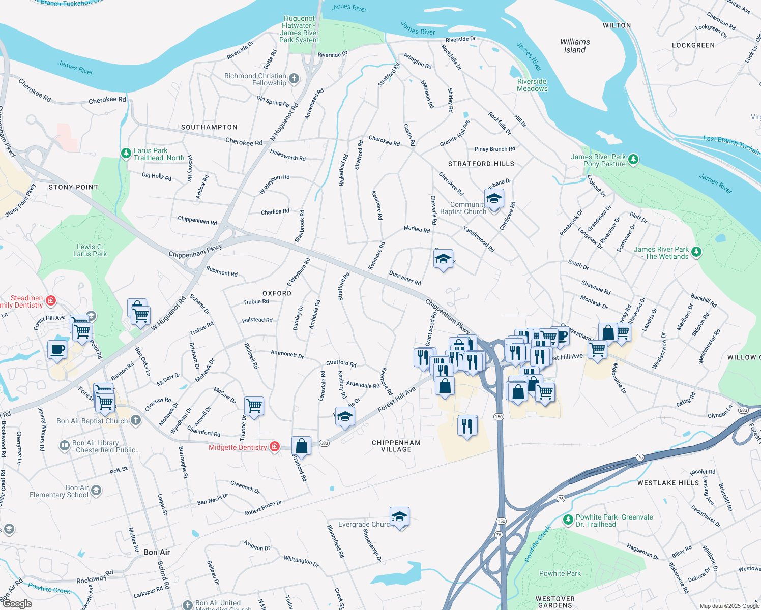 map of restaurants, bars, coffee shops, grocery stores, and more near 7745 Fellsway Road in Richmond