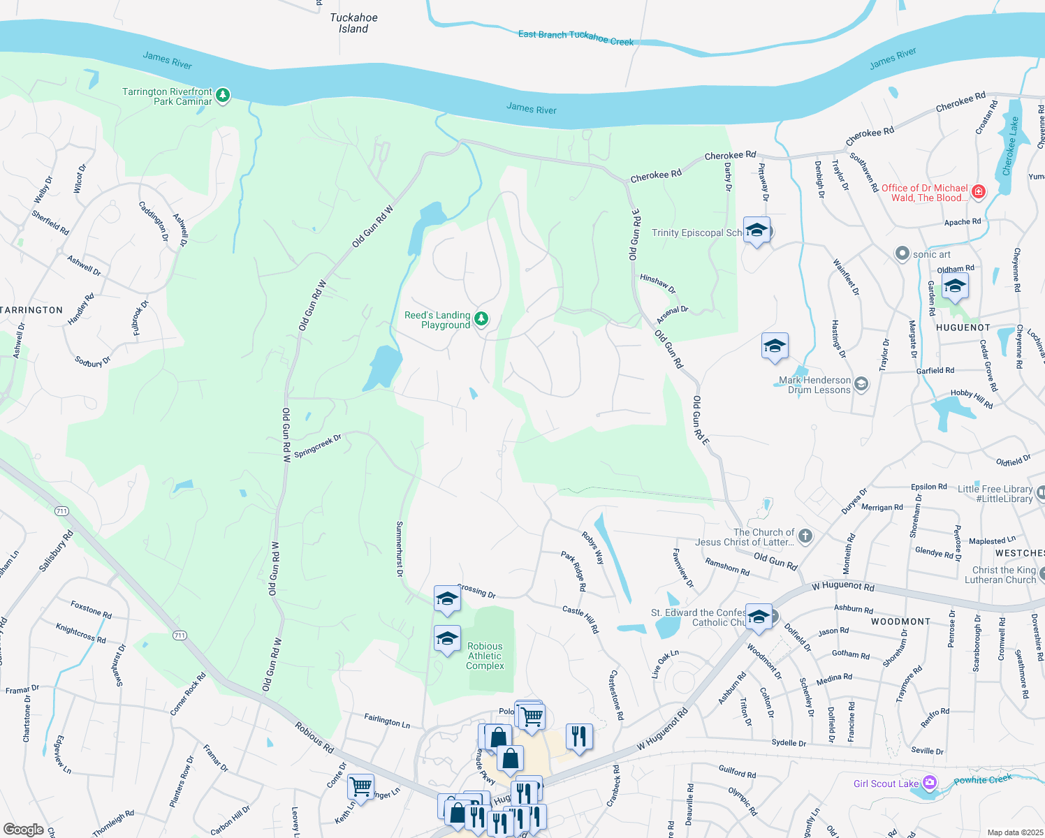 map of restaurants, bars, coffee shops, grocery stores, and more near 3451 Lady Marian Court in Midlothian