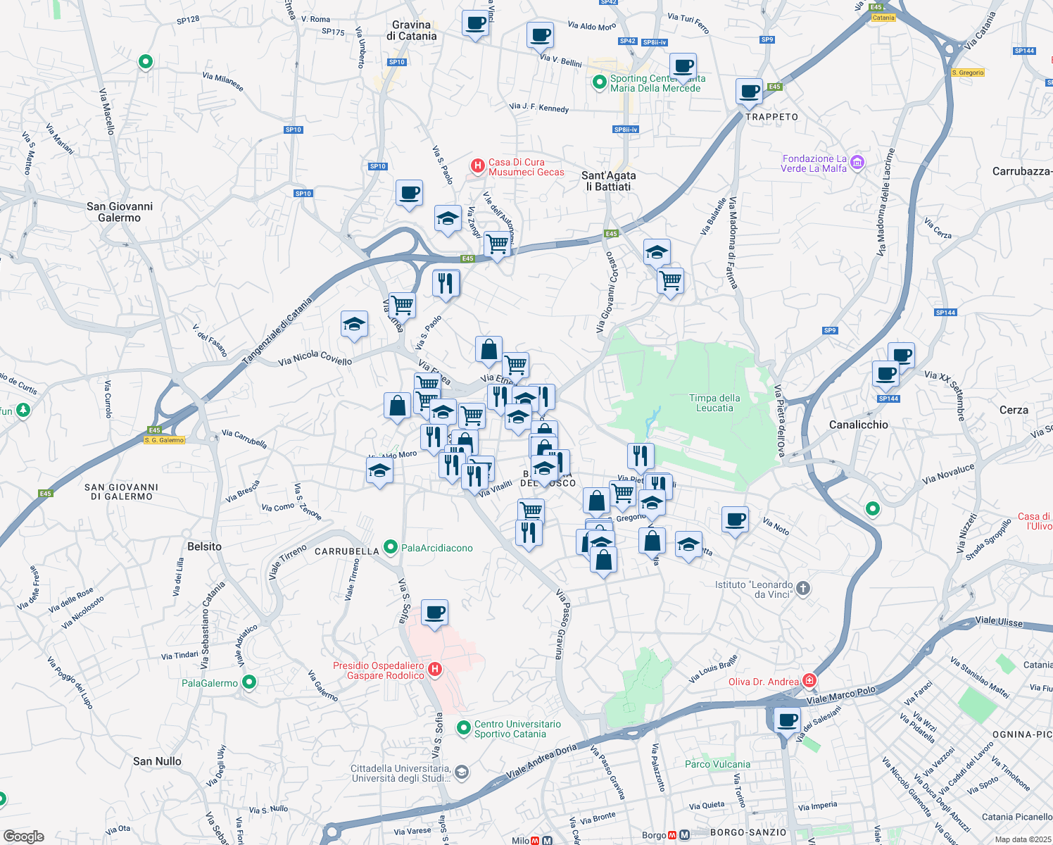 map of restaurants, bars, coffee shops, grocery stores, and more near 28 Via Nino Bixio in Catania