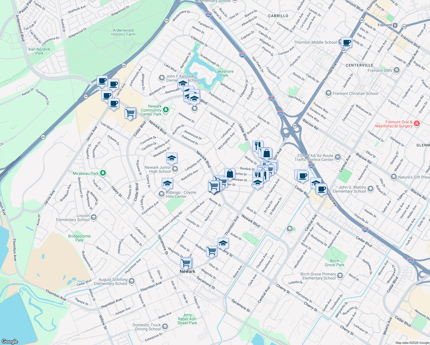 map of restaurants, bars, coffee shops, grocery stores, and more near 36465 Hafner St in Newark