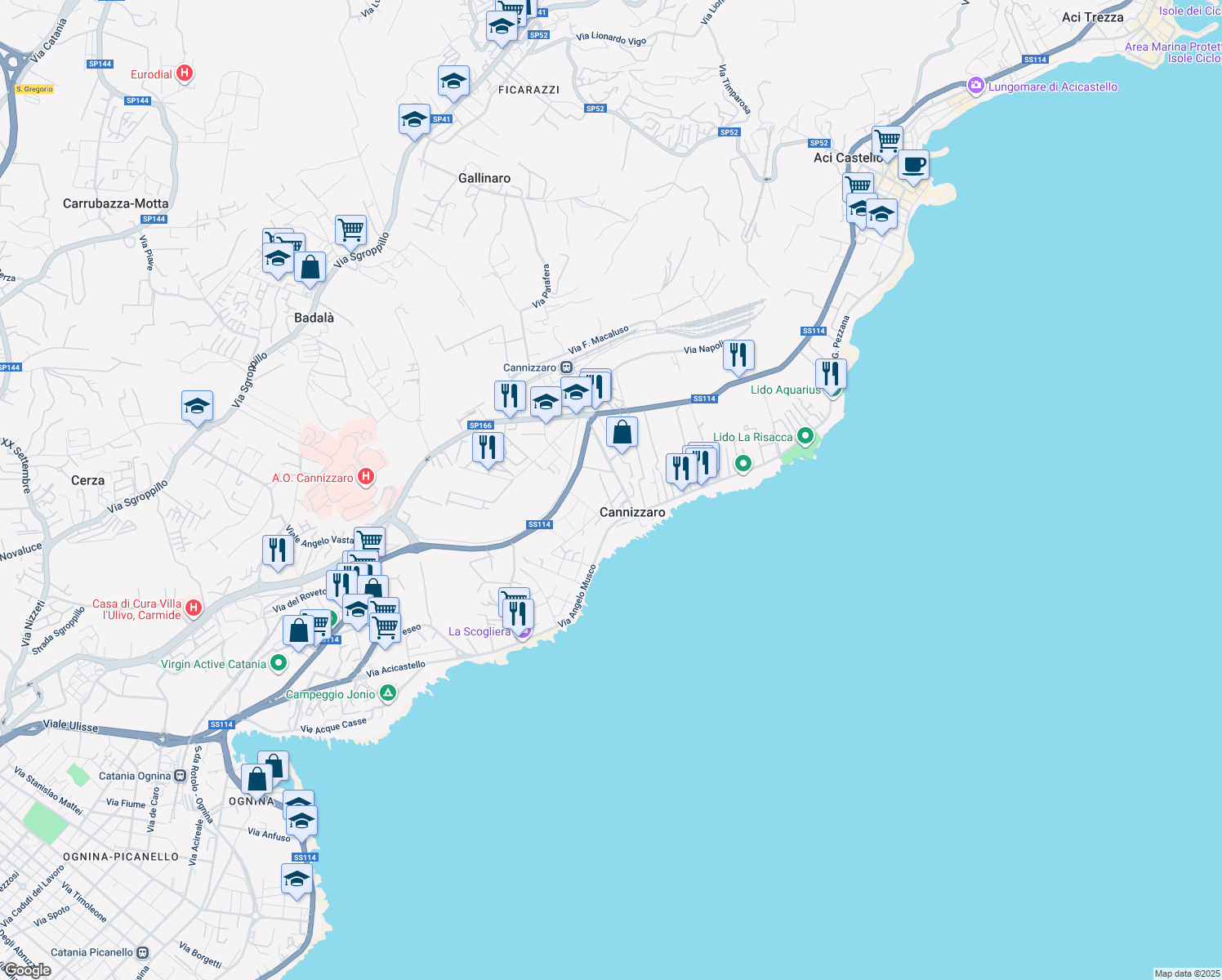 map of restaurants, bars, coffee shops, grocery stores, and more near 6 Via Mollica in Aci Castello