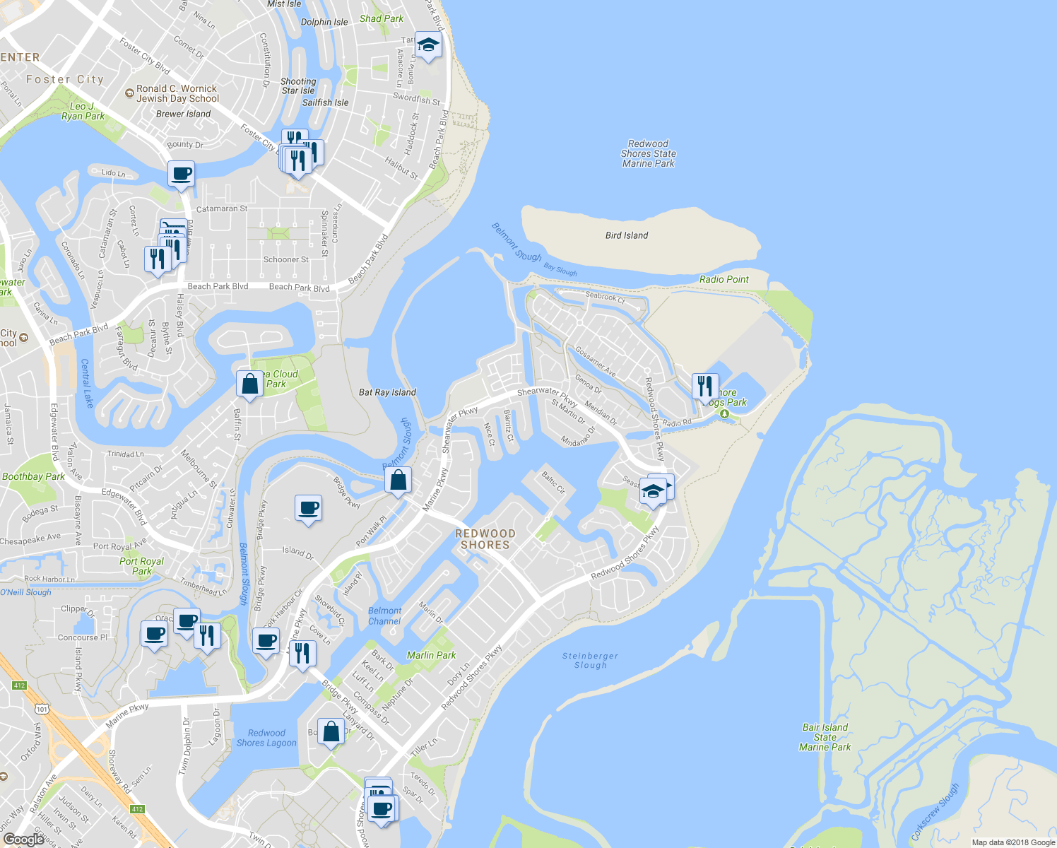 map of restaurants, bars, coffee shops, grocery stores, and more near 249 Monaco Drive in Redwood City