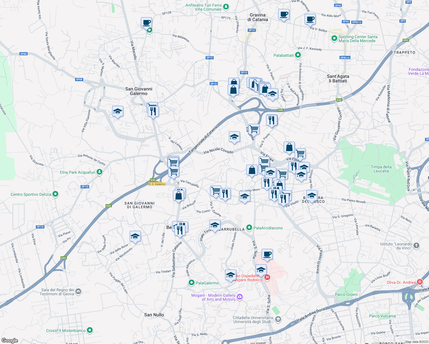 map of restaurants, bars, coffee shops, grocery stores, and more near 12 Via Guglielmo Oberdan in Gravina di Catania
