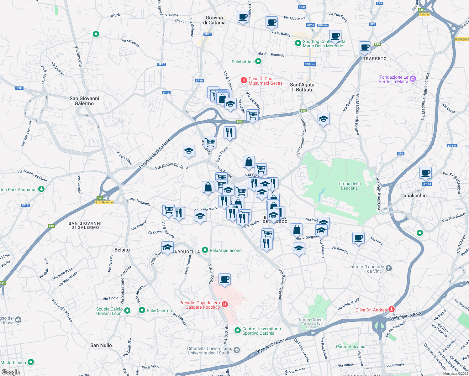 map of restaurants, bars, coffee shops, grocery stores, and more near 14 Via Freri Antonello in Catania