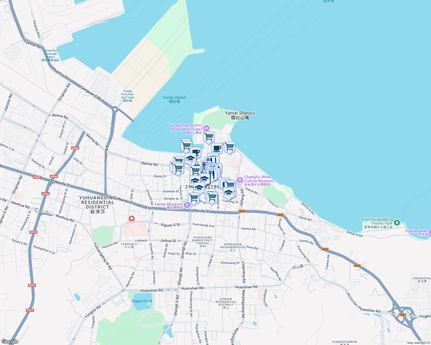 map of restaurants, bars, coffee shops, grocery stores, and more near Chao Yang Jie in Yan Tai Shi
