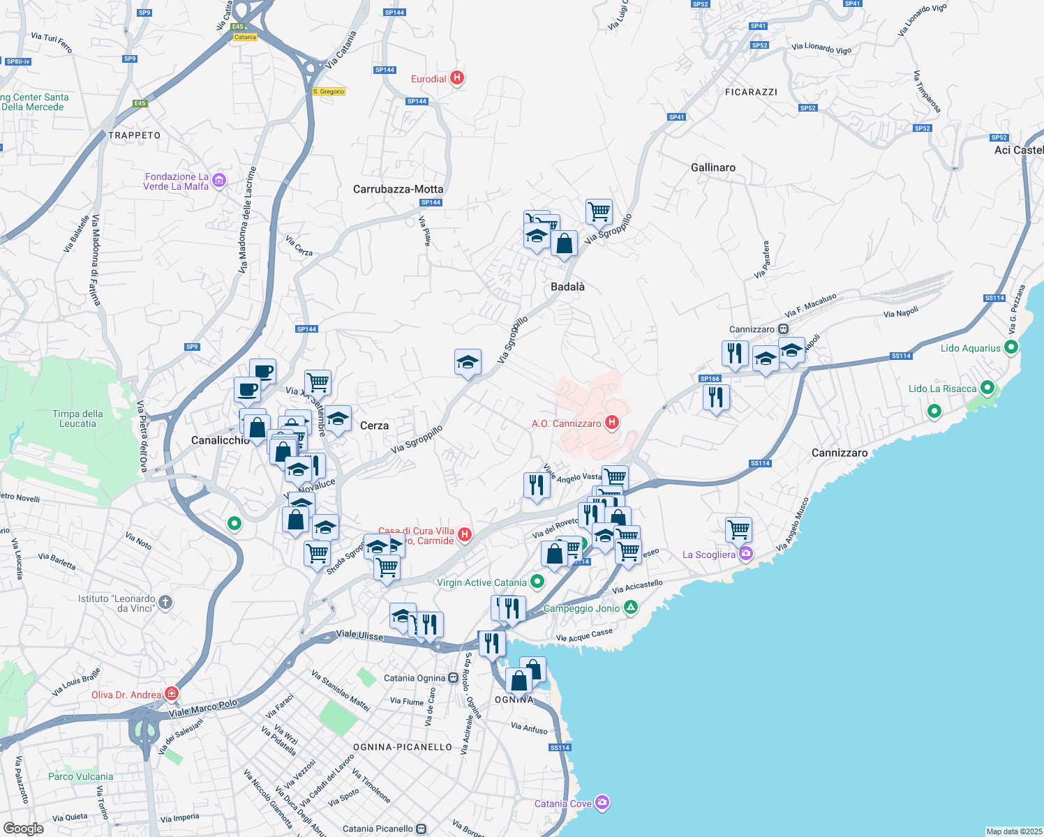 map of restaurants, bars, coffee shops, grocery stores, and more near 13 Viale delle Olimpiadi in Catania