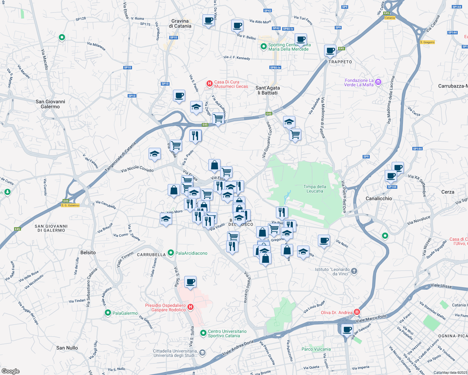 map of restaurants, bars, coffee shops, grocery stores, and more near 28 Via Nino Bixio in Catania