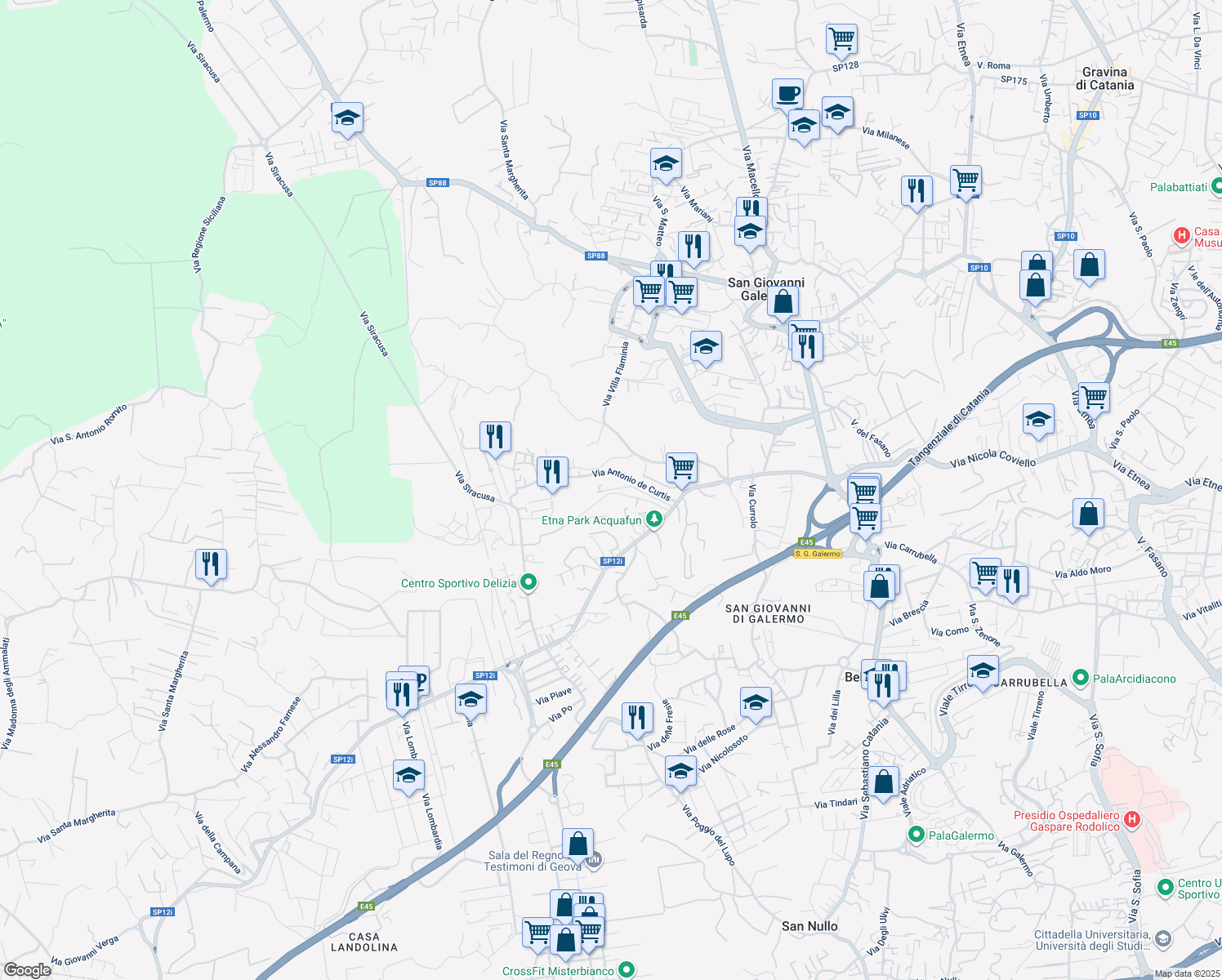 map of restaurants, bars, coffee shops, grocery stores, and more near 32A Via Anna Magnani in Misterbianco