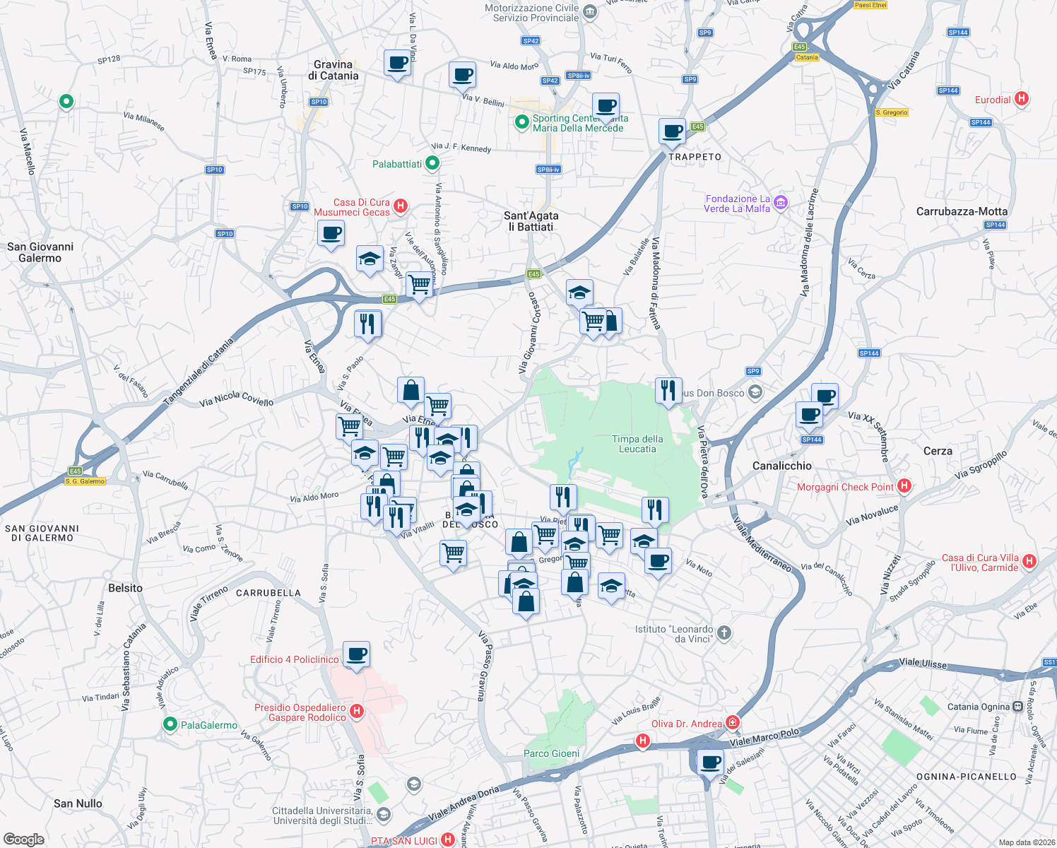 map of restaurants, bars, coffee shops, grocery stores, and more near 18 Via Don Luigi Sturzo in Sant'Agata li Battiati