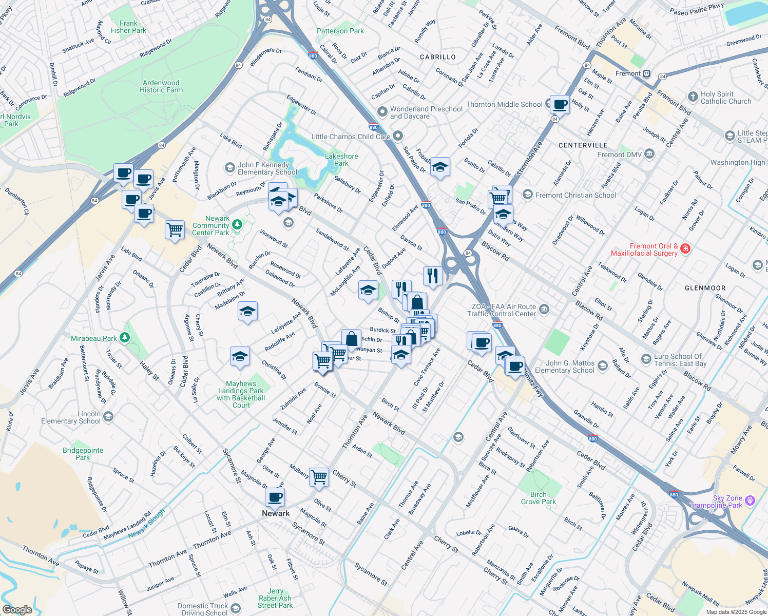map of restaurants, bars, coffee shops, grocery stores, and more near 36638 Bishop Street in Newark