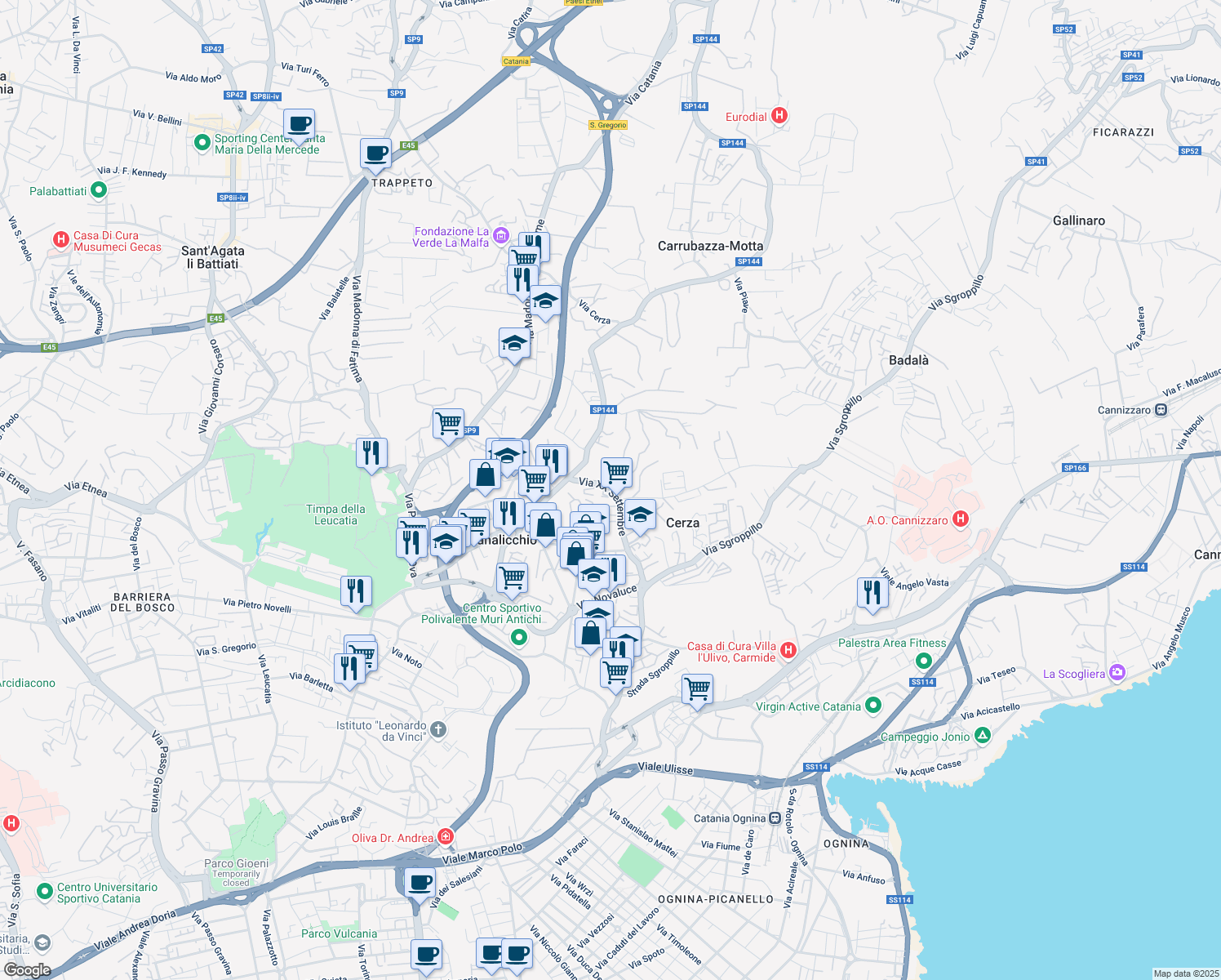 map of restaurants, bars, coffee shops, grocery stores, and more near 6 Via Convento del Carmine in Province of Catania