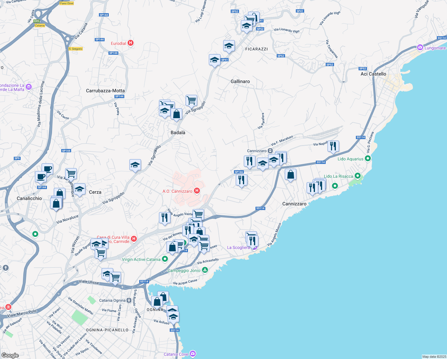 map of restaurants, bars, coffee shops, grocery stores, and more near 164 Via Firenze in Aci Castello