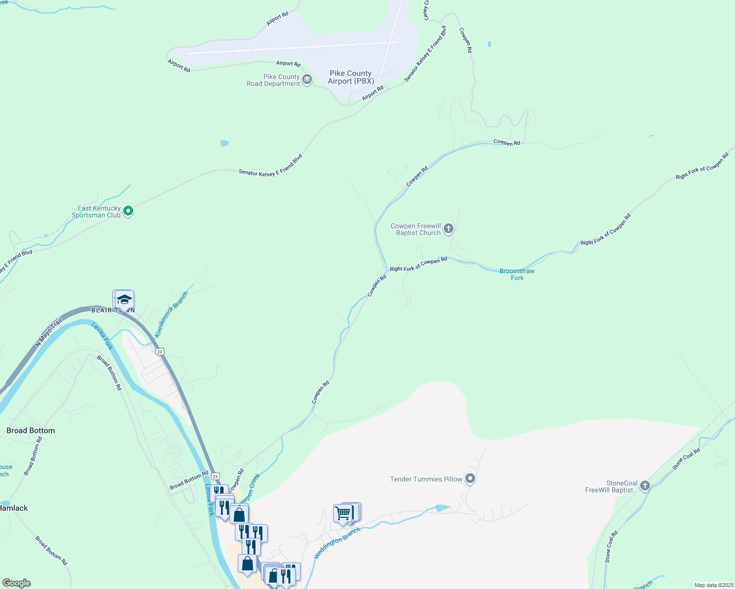 map of restaurants, bars, coffee shops, grocery stores, and more near 1040-1368 Cowpen Road in Pikeville
