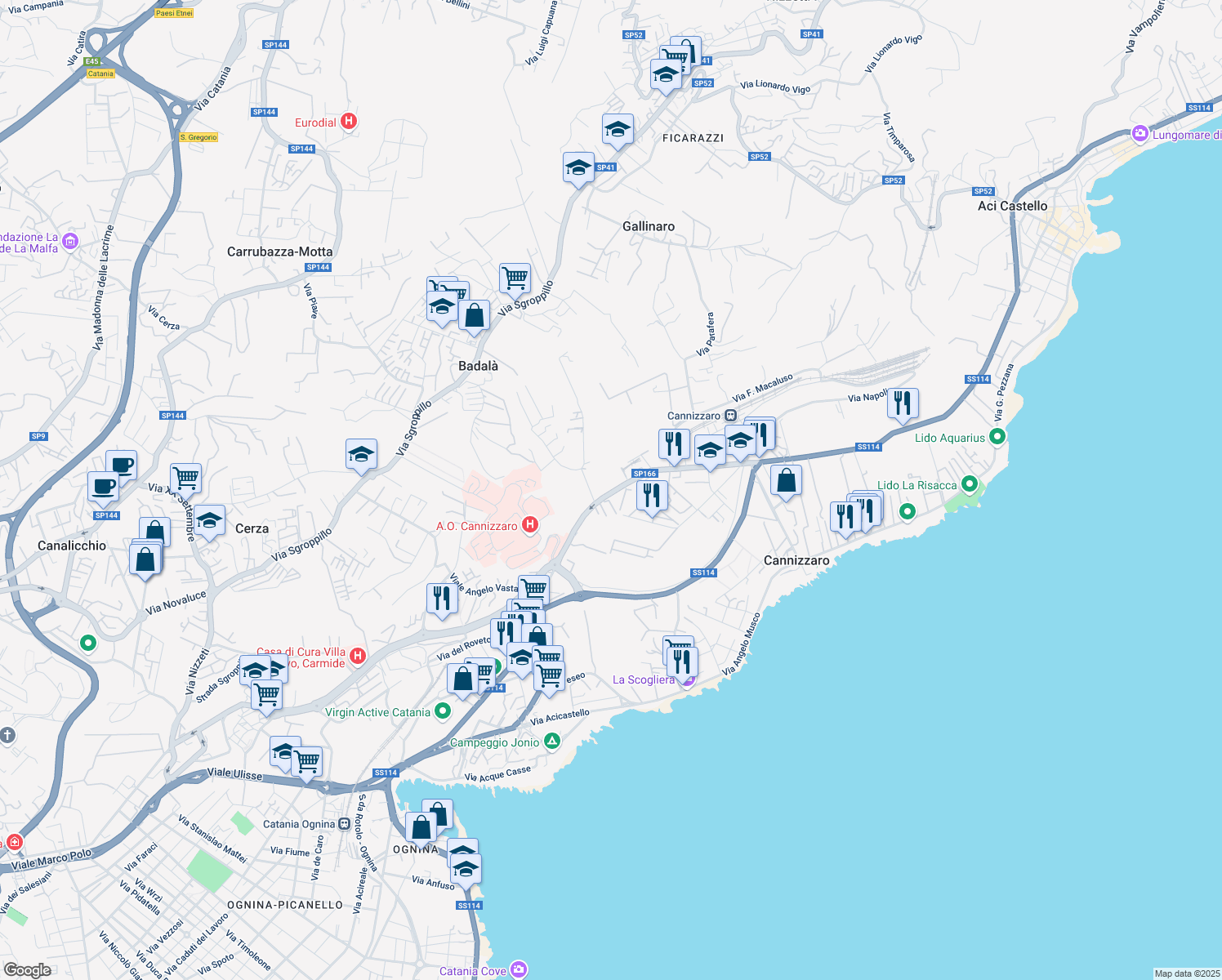 map of restaurants, bars, coffee shops, grocery stores, and more near 164 Via Firenze in Cannizzaro