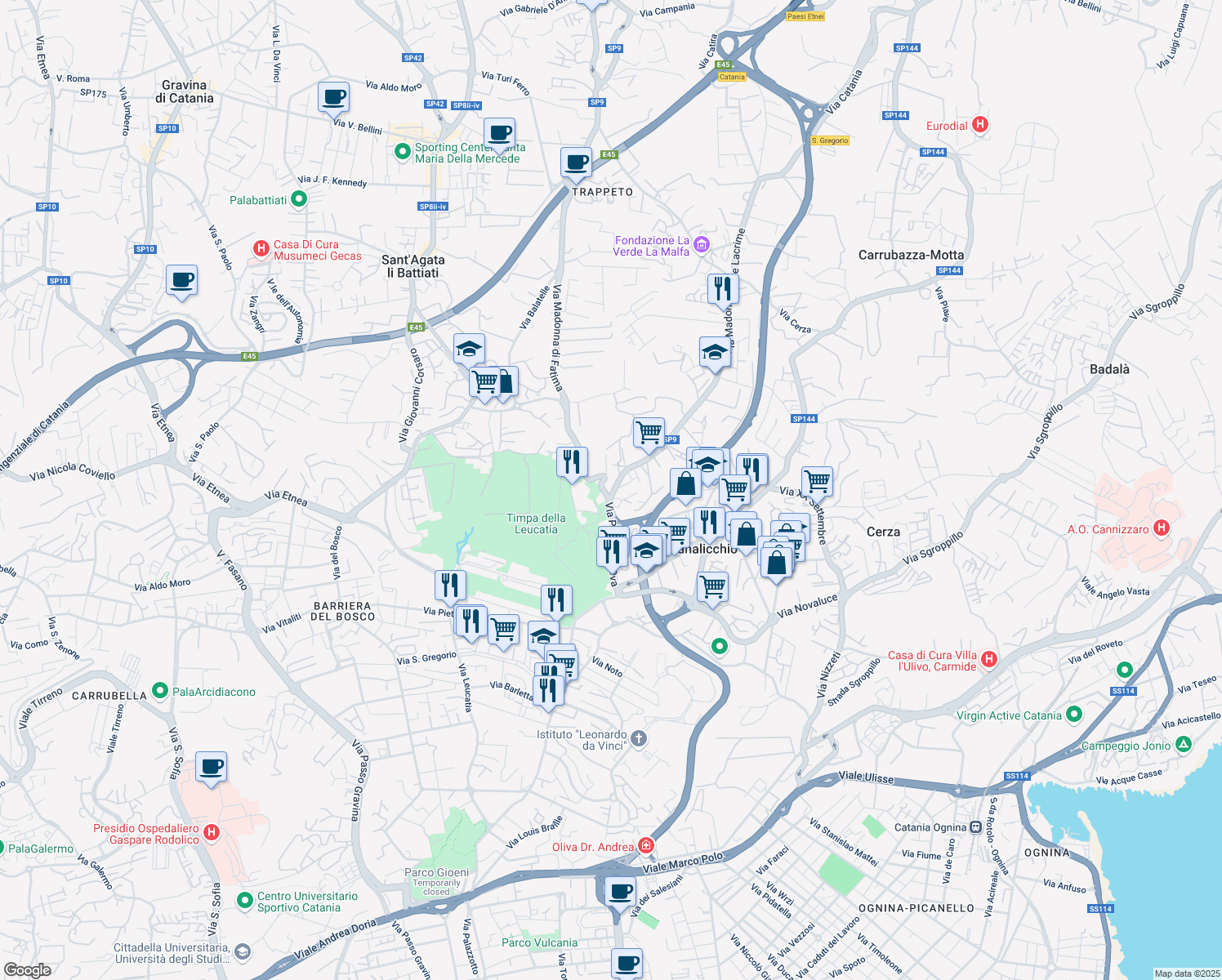 map of restaurants, bars, coffee shops, grocery stores, and more near 209 Via Pietra dell'Ova in Catania