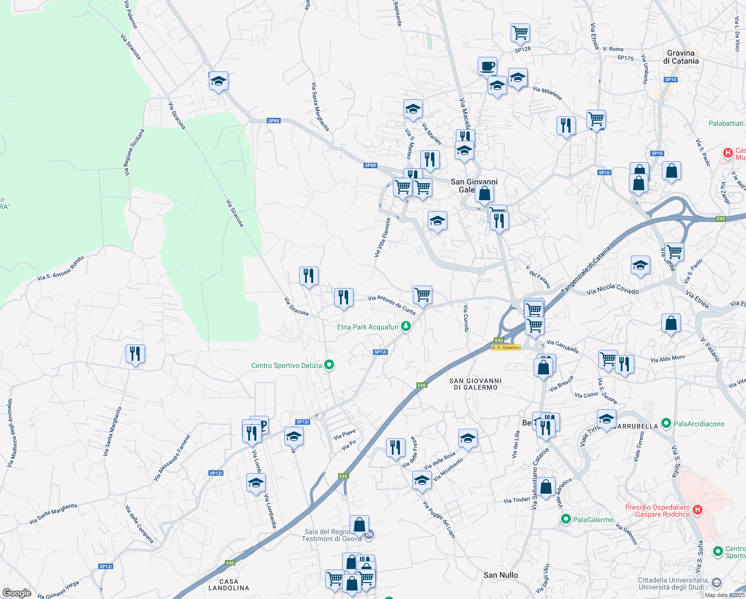 map of restaurants, bars, coffee shops, grocery stores, and more near 32A Via Anna Magnani in Misterbianco