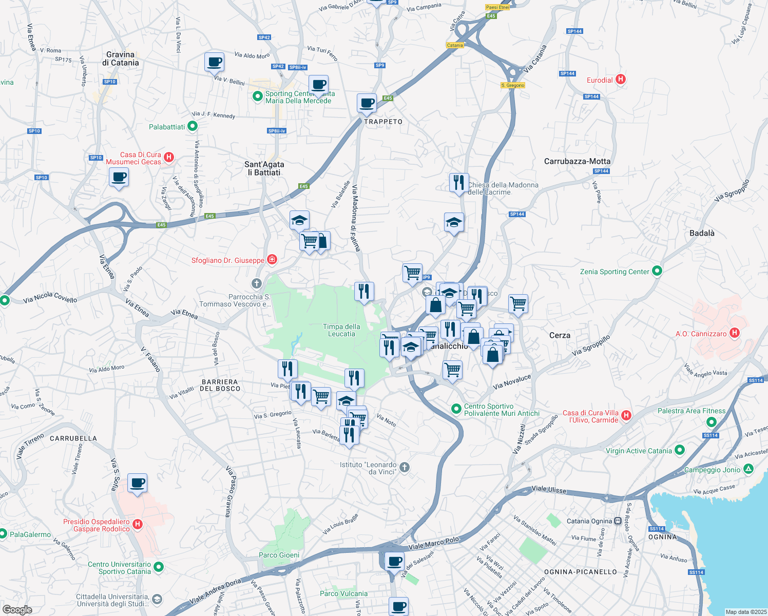 map of restaurants, bars, coffee shops, grocery stores, and more near 209 Via Pietra dell'Ova in Catania