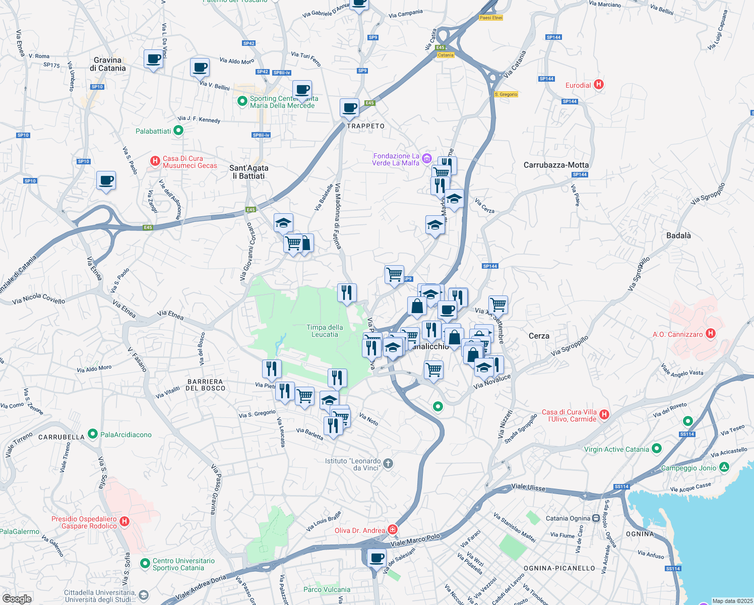 map of restaurants, bars, coffee shops, grocery stores, and more near Via San Gregorio in Canalicchio