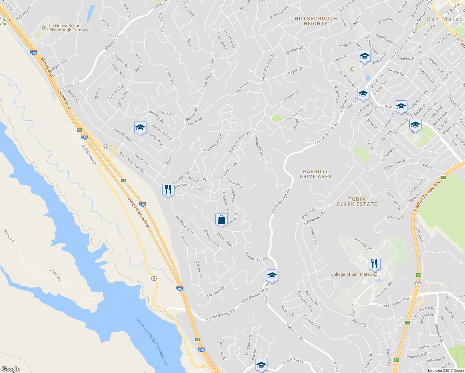 map of restaurants, bars, coffee shops, grocery stores, and more near 35 Falkirk Lane in Hillsborough