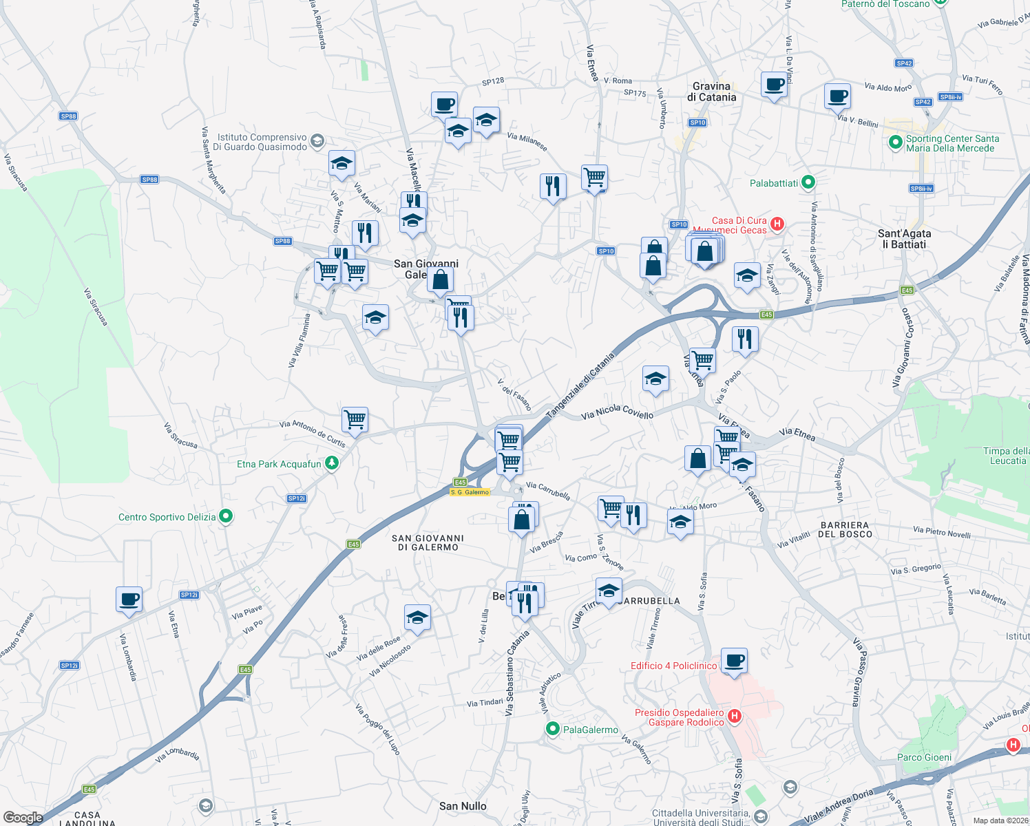 map of restaurants, bars, coffee shops, grocery stores, and more near 19 Via Barriera in Catania