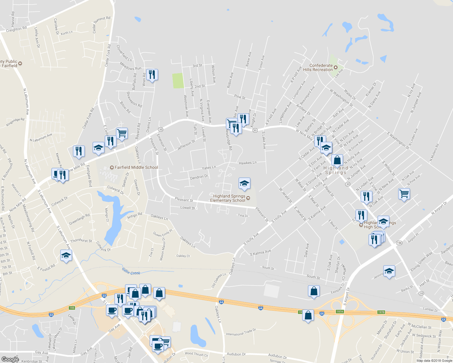 map of restaurants, bars, coffee shops, grocery stores, and more near 404 Alamosa Drive in Highland Springs