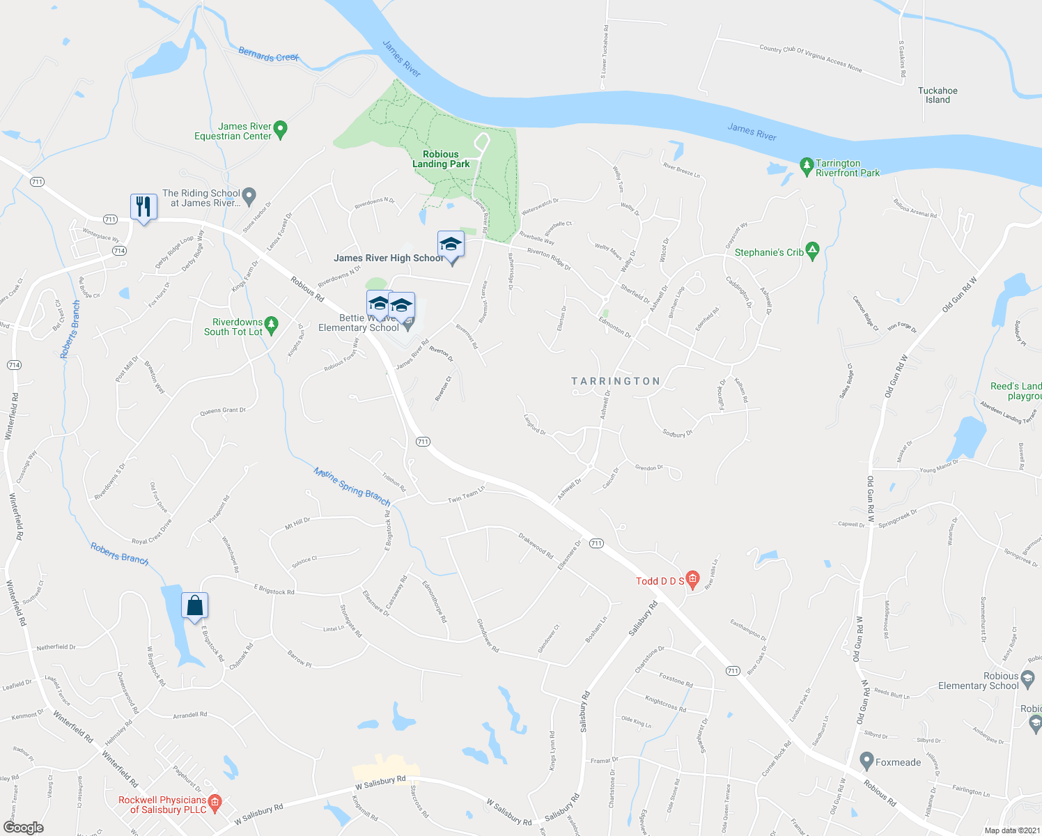 map of restaurants, bars, coffee shops, grocery stores, and more near 13519 Langford Drive in Midlothian