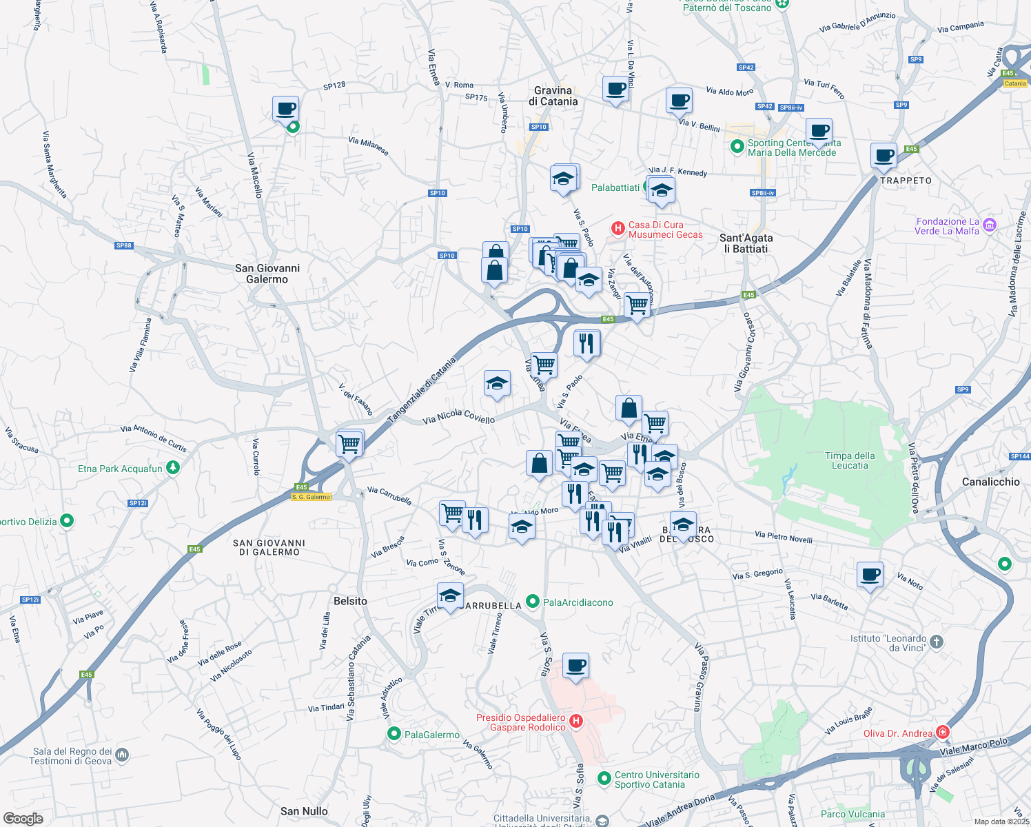 map of restaurants, bars, coffee shops, grocery stores, and more near 3 Via Donato Bramante in Gravina di Catania