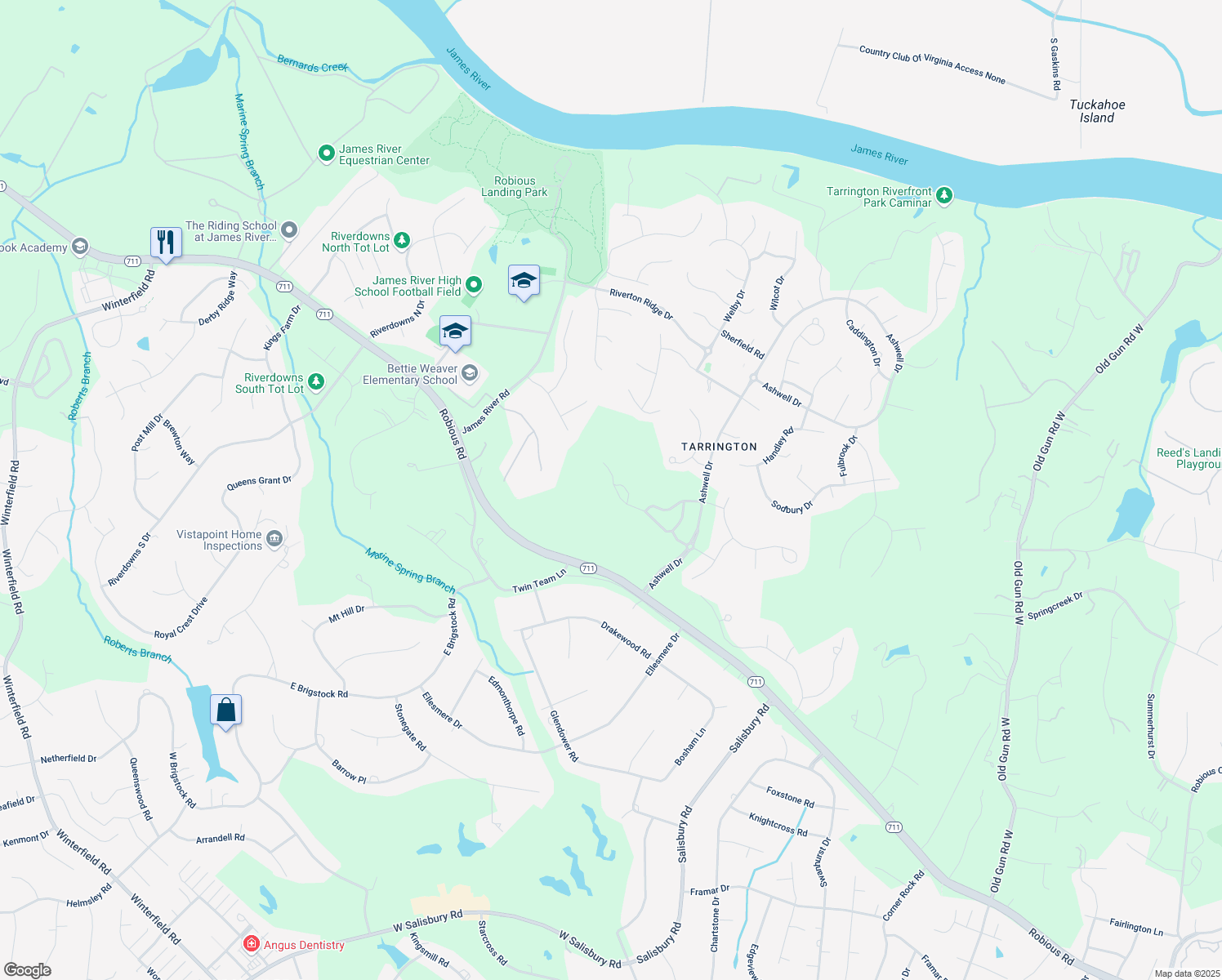 map of restaurants, bars, coffee shops, grocery stores, and more near 13519 Langford Drive in Midlothian