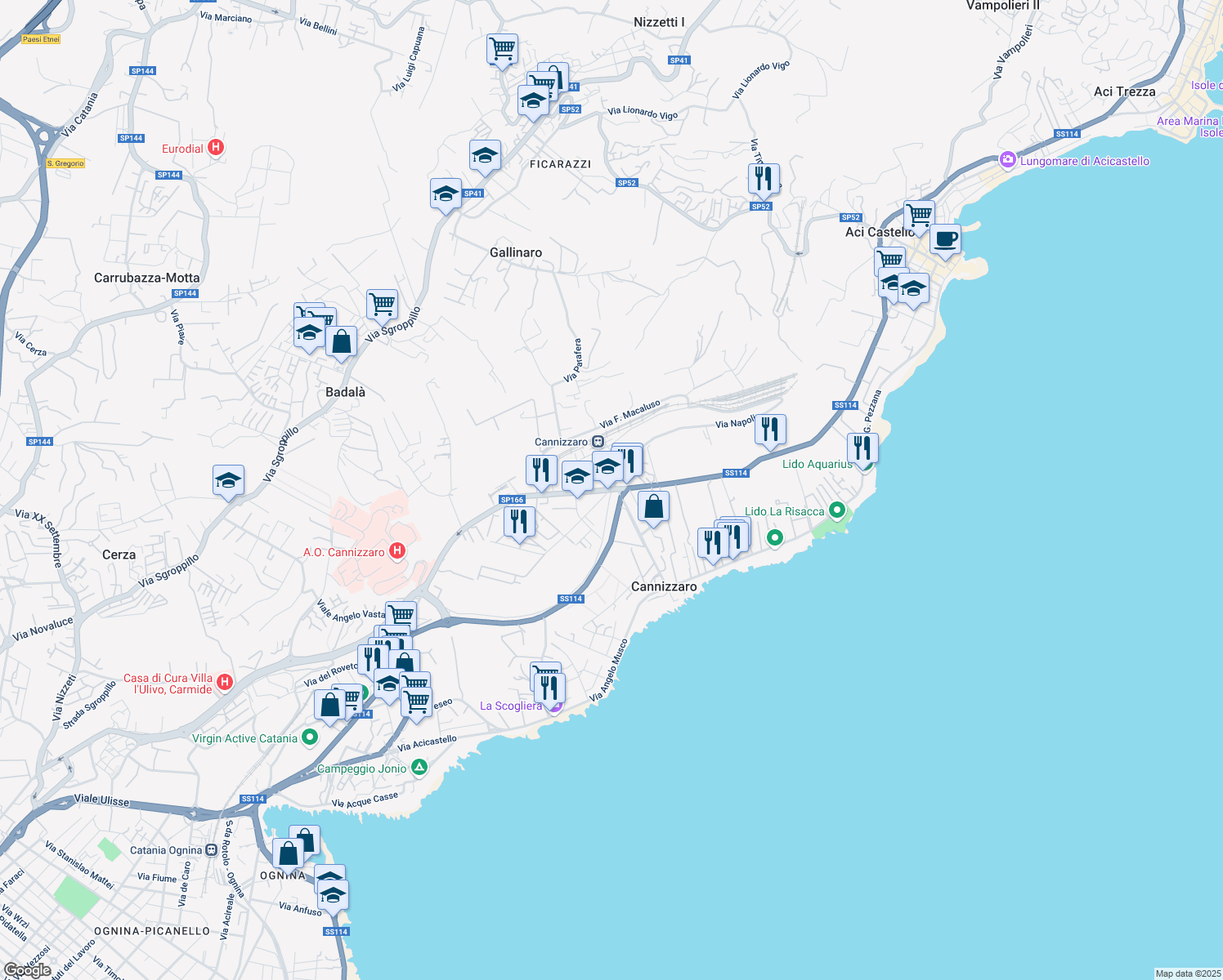 map of restaurants, bars, coffee shops, grocery stores, and more near 26A Via Firenze in Aci Castello