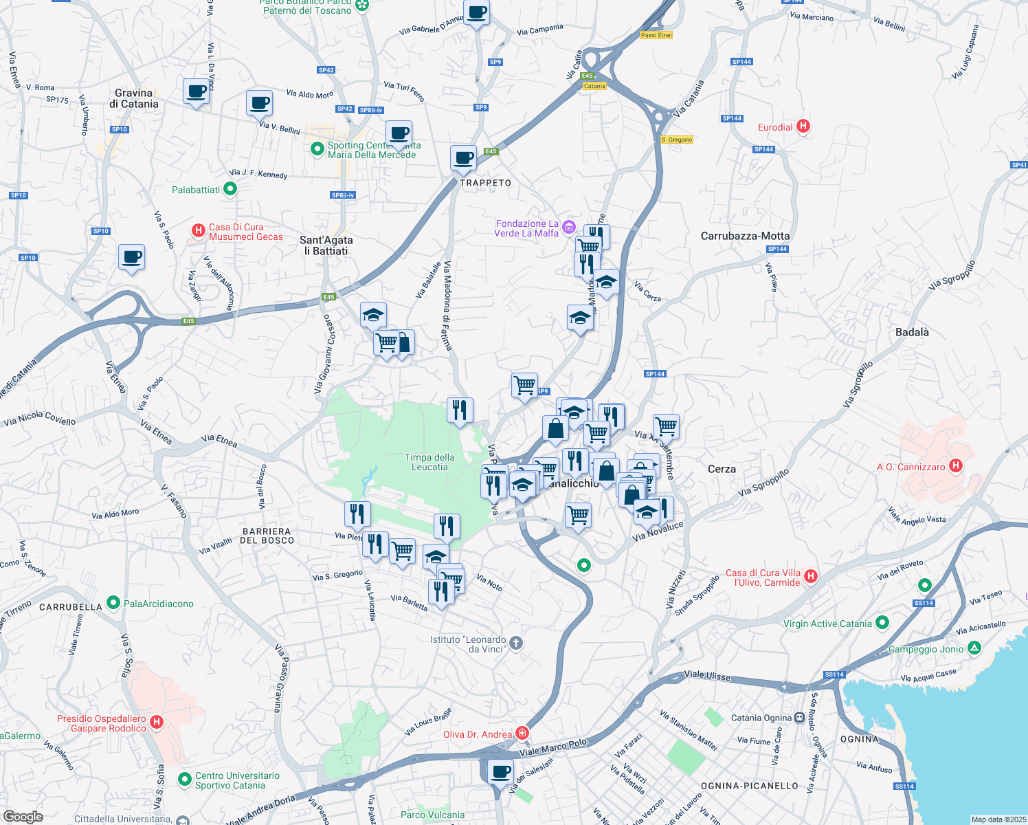 map of restaurants, bars, coffee shops, grocery stores, and more near Via San Gregorio in Canalicchio
