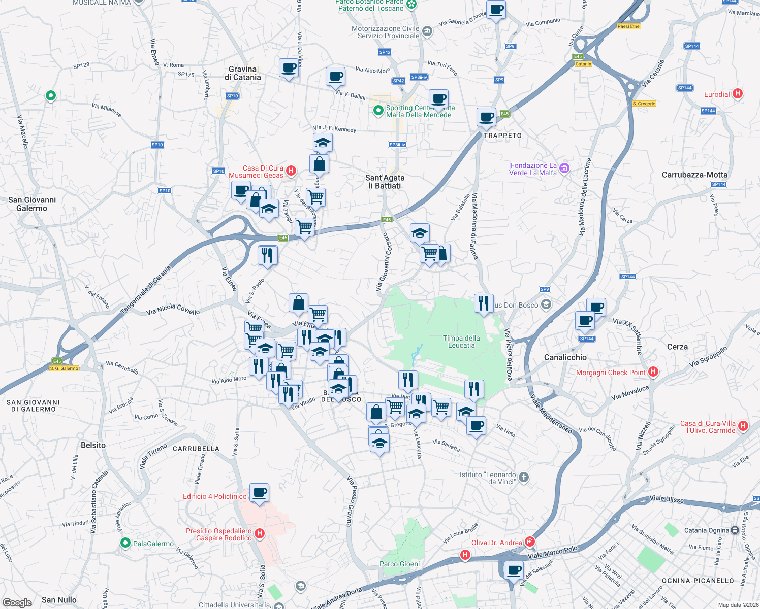 map of restaurants, bars, coffee shops, grocery stores, and more near 18A Via Barriera del Bosco in Sant'Agata li Battiati