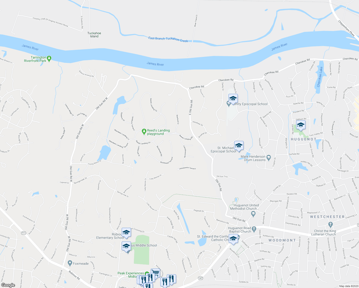 map of restaurants, bars, coffee shops, grocery stores, and more near 3640 Lansdowne Rd in Midlothian