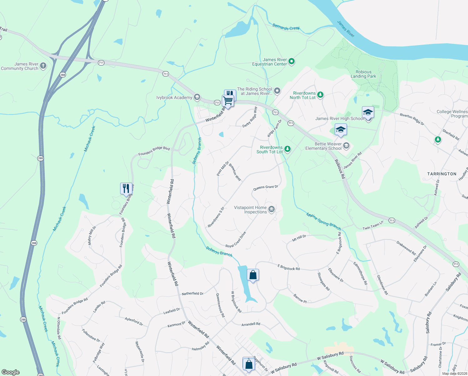 map of restaurants, bars, coffee shops, grocery stores, and more near 14212 Riverdowns South Drive in Midlothian