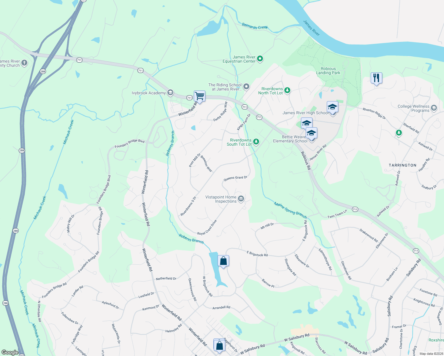 map of restaurants, bars, coffee shops, grocery stores, and more near 3136 Queens Grant Drive in Midlothian