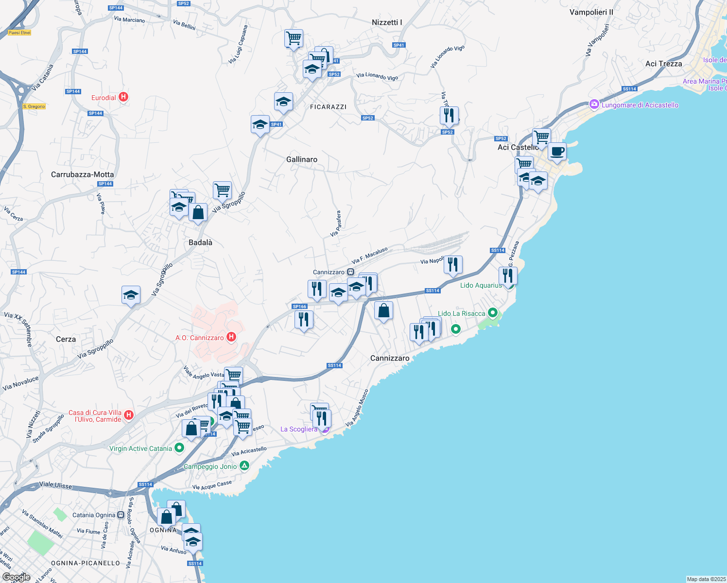map of restaurants, bars, coffee shops, grocery stores, and more near 26A Via Firenze in Aci Castello