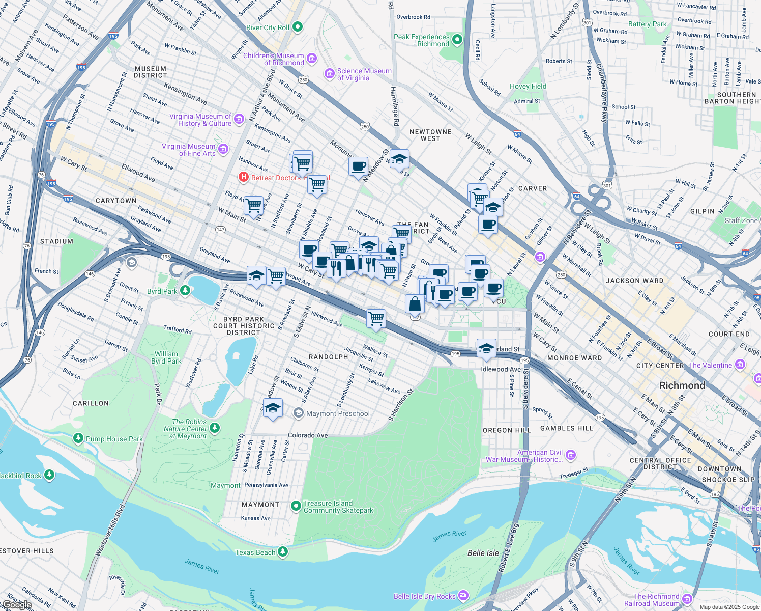 map of restaurants, bars, coffee shops, grocery stores, and more near 1603 West Cary Street in Richmond