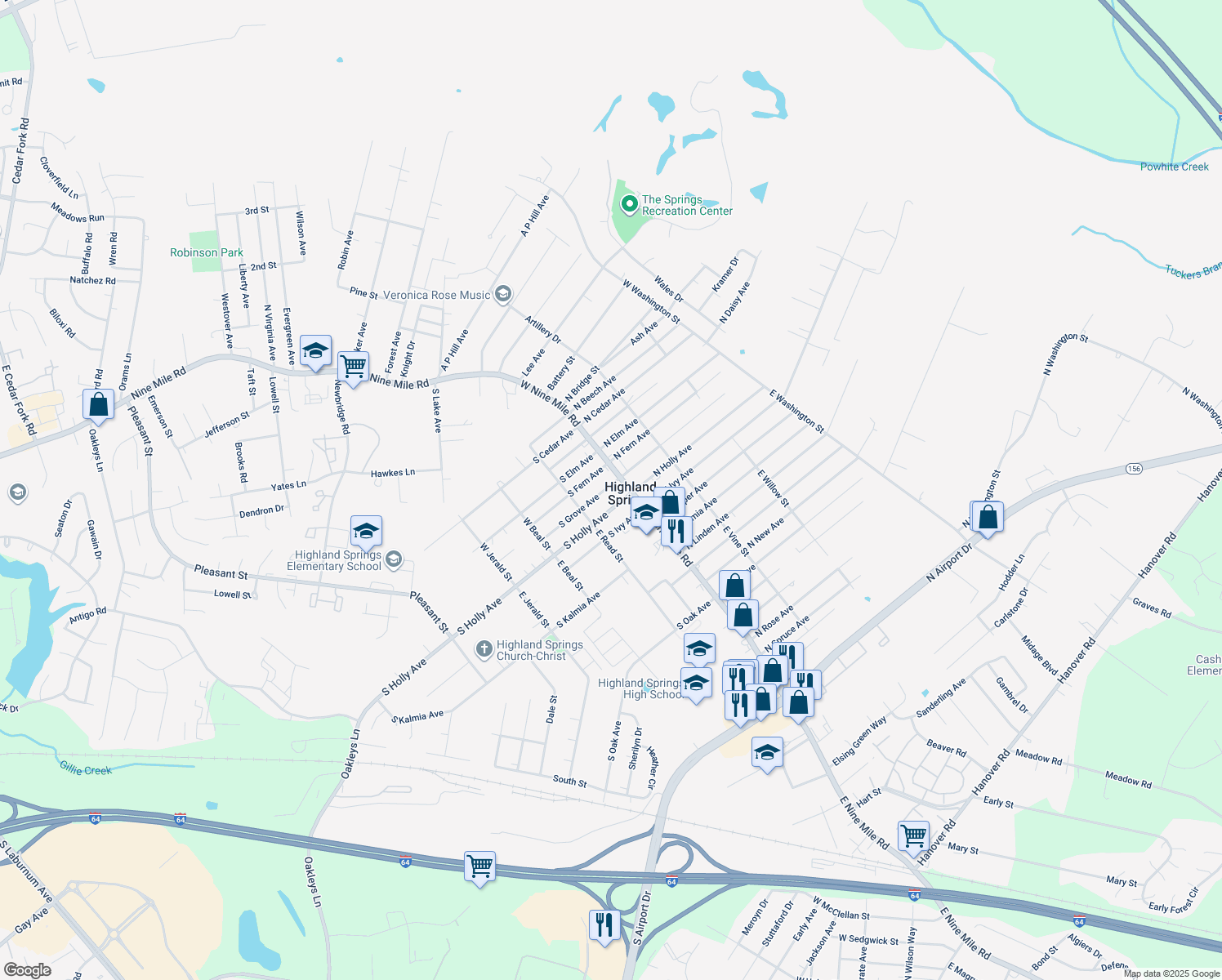 map of restaurants, bars, coffee shops, grocery stores, and more near 5 South Grove Avenue in Highland Springs