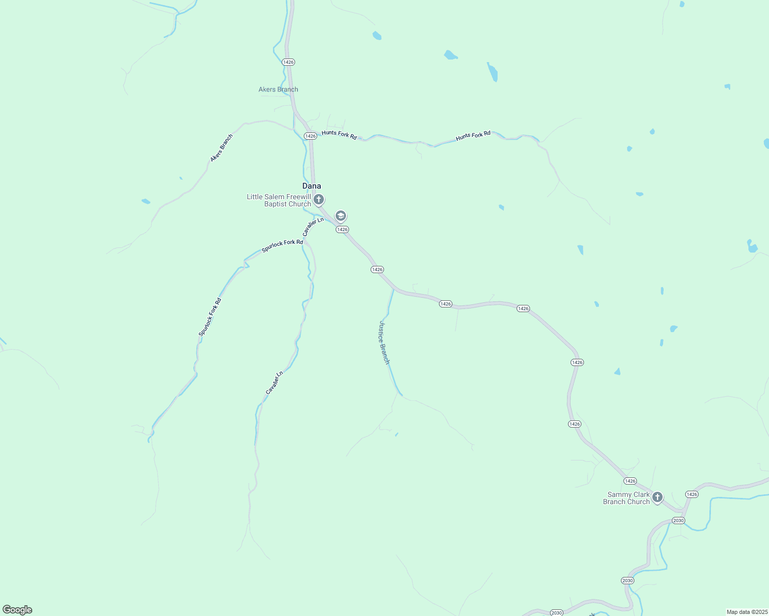 map of restaurants, bars, coffee shops, grocery stores, and more near Justice Branch in Dana